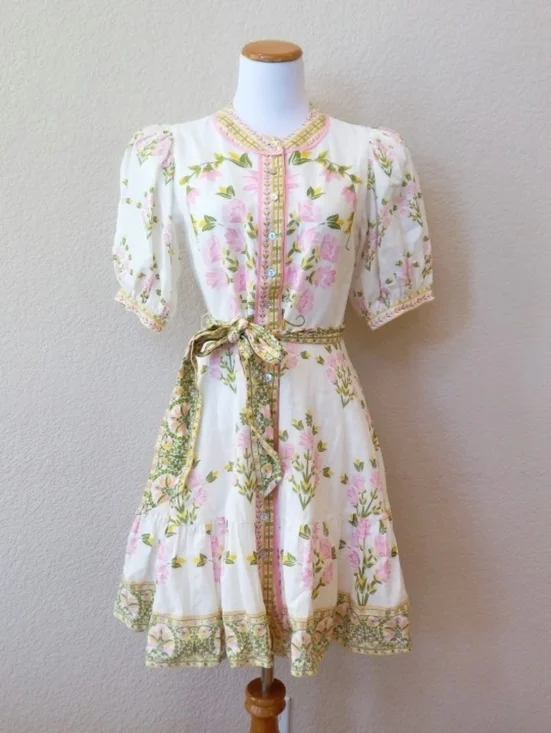 A Loves A linen blend floral belted puff sleeve dress - Picture 4 of 12